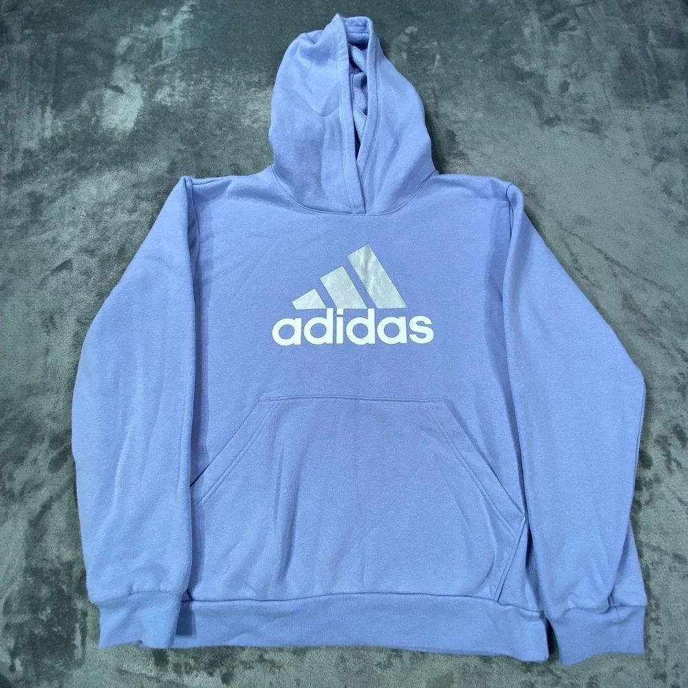 Adidas Hoodie Large Blue Logo Pullover Athletic Fleece Sweatshirt Activewear Top